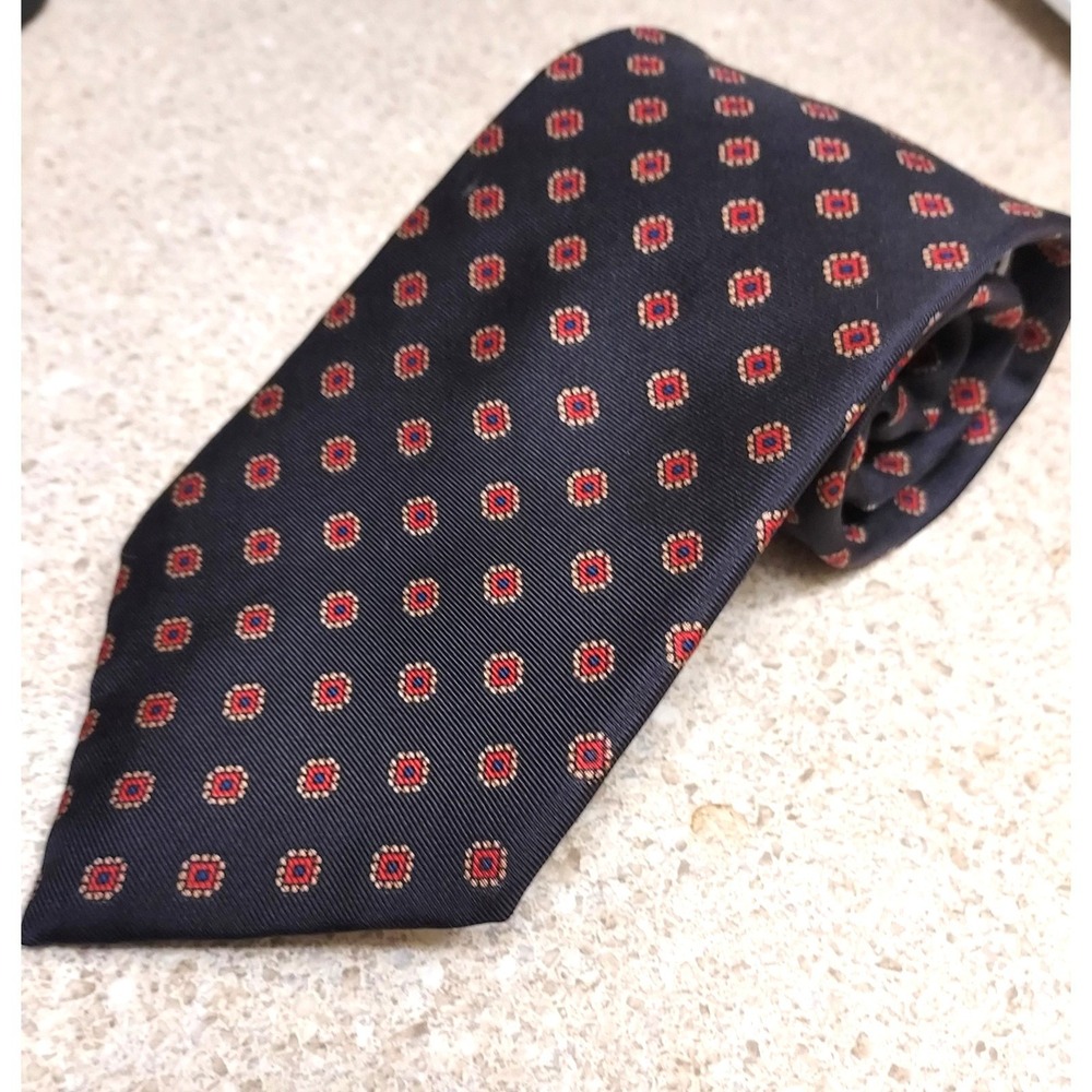 Hardy Amies London Silk Necktie Mens  Black Red Gold Red Geo Print Retro Tie Vtg